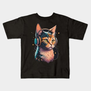 Cat with Headphones Kids T-Shirt